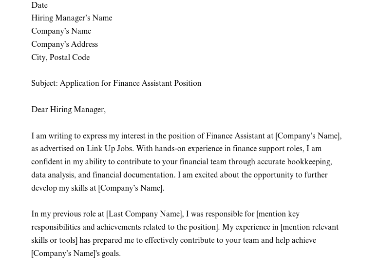 Application for Finance Assistant Position